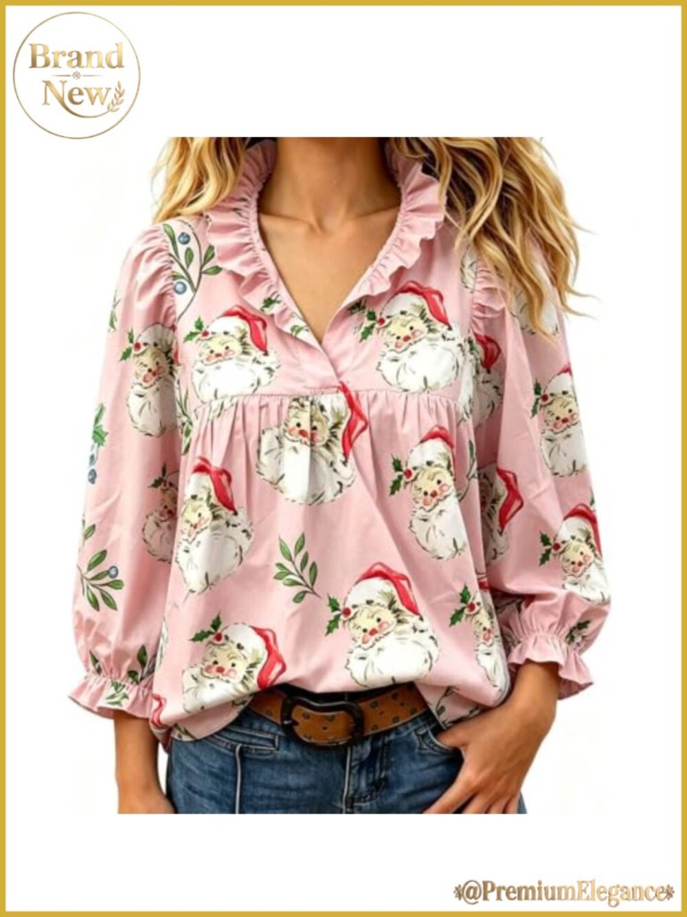 Vintage Santa Print Ruffle Collar V Neck Blouse Three Quarter Sleeve